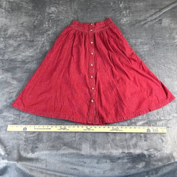 Vintage Chaus Womens SZ 6 Midi Red Button Front Denim Skirt Western Cowgirl 90's - Picture 4 of 9